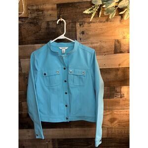 White House Black Market WHBM Turquoise Mandarin Collar Utility Jacket, size M